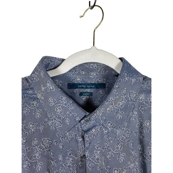 Mens Perry Ellis Blue Floral print slim fit button down Size XL - Picture 4 of 8